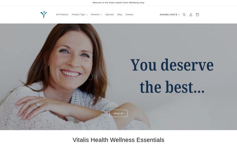 Startseite des Onlineshops shop.vitalishealth.com.au